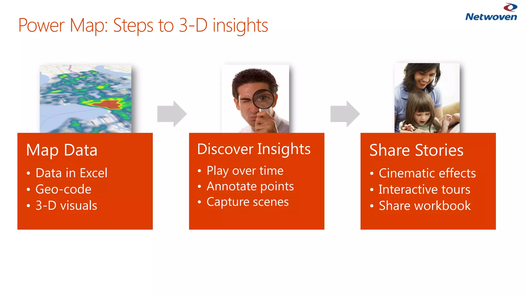 Map Data 
•Data in Excel 
•Geo-code 
•3-D visuals 
DiscoverInsights 
•Play over time 
•Annotate points 
•Capture scenes 
Share Stories 
•Cinematic effects 
•Interactive tours 
•Share workbook 
Power Map: Steps to 3-D insights  