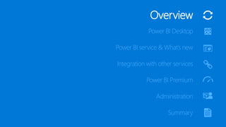 Power BI service & What’s new
Power BI Desktop
Power BI Premium
Summary
Overview
Administration
Integration with other ser...