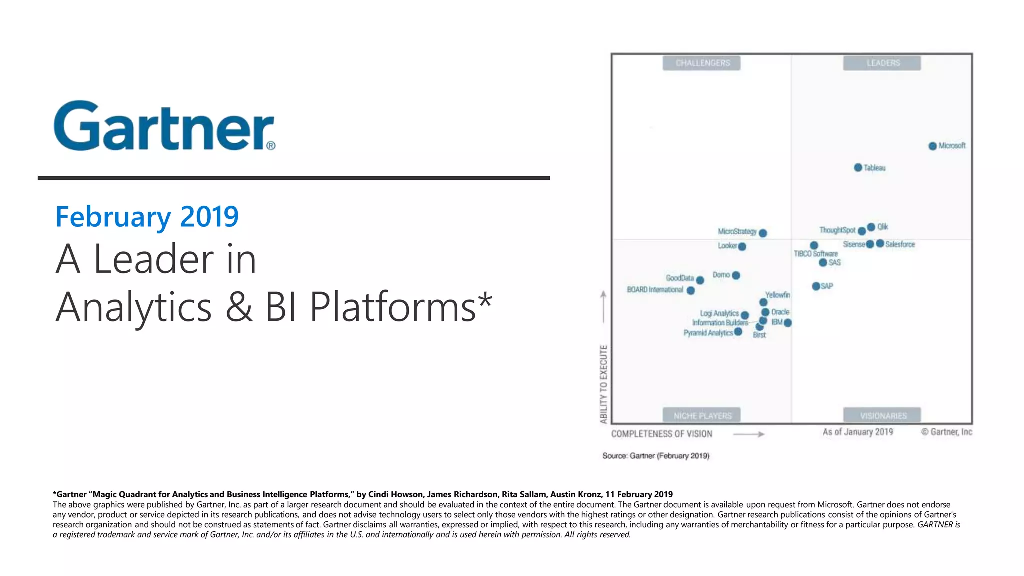 February 2019
A Leader in
Analytics & BI Platforms*
*Gartner “Magic Quadrant for Analytics and Business Intelligence Platforms,” by Cindi Howson, James Richardson, Rita Sallam, Austin Kronz, 11 February 2019
The above graphics were published by Gartner, Inc. as part of a larger research document and should be evaluated in the context of the entire document. The Gartner document is available upon request from Microsoft. Gartner does not endorse
any vendor, product or service depicted in its research publications, and does not advise technology users to select only those vendors with the highest ratings or other designation. Gartner research publications consist of the opinions of Gartner's
research organization and should not be construed as statements of fact. Gartner disclaims all warranties, expressed or implied, with respect to this research, including any warranties of merchantability or fitness for a particular purpose. GARTNER is
a registered trademark and service mark of Gartner, Inc. and/or its affiliates in the U.S. and internationally and is used herein with permission. All rights reserved.
 