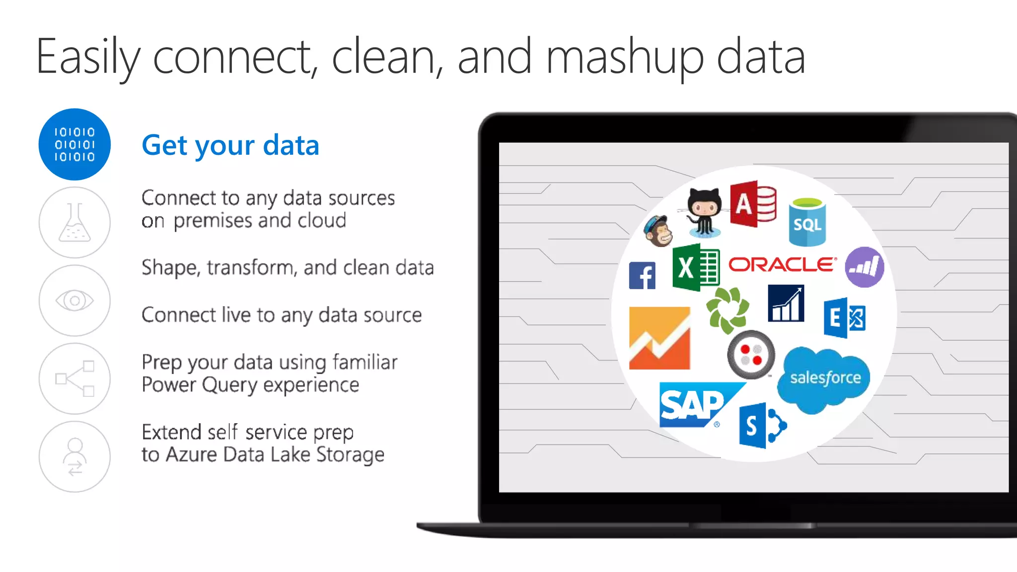 Easily connect, clean, and mashup data
Get your data
 