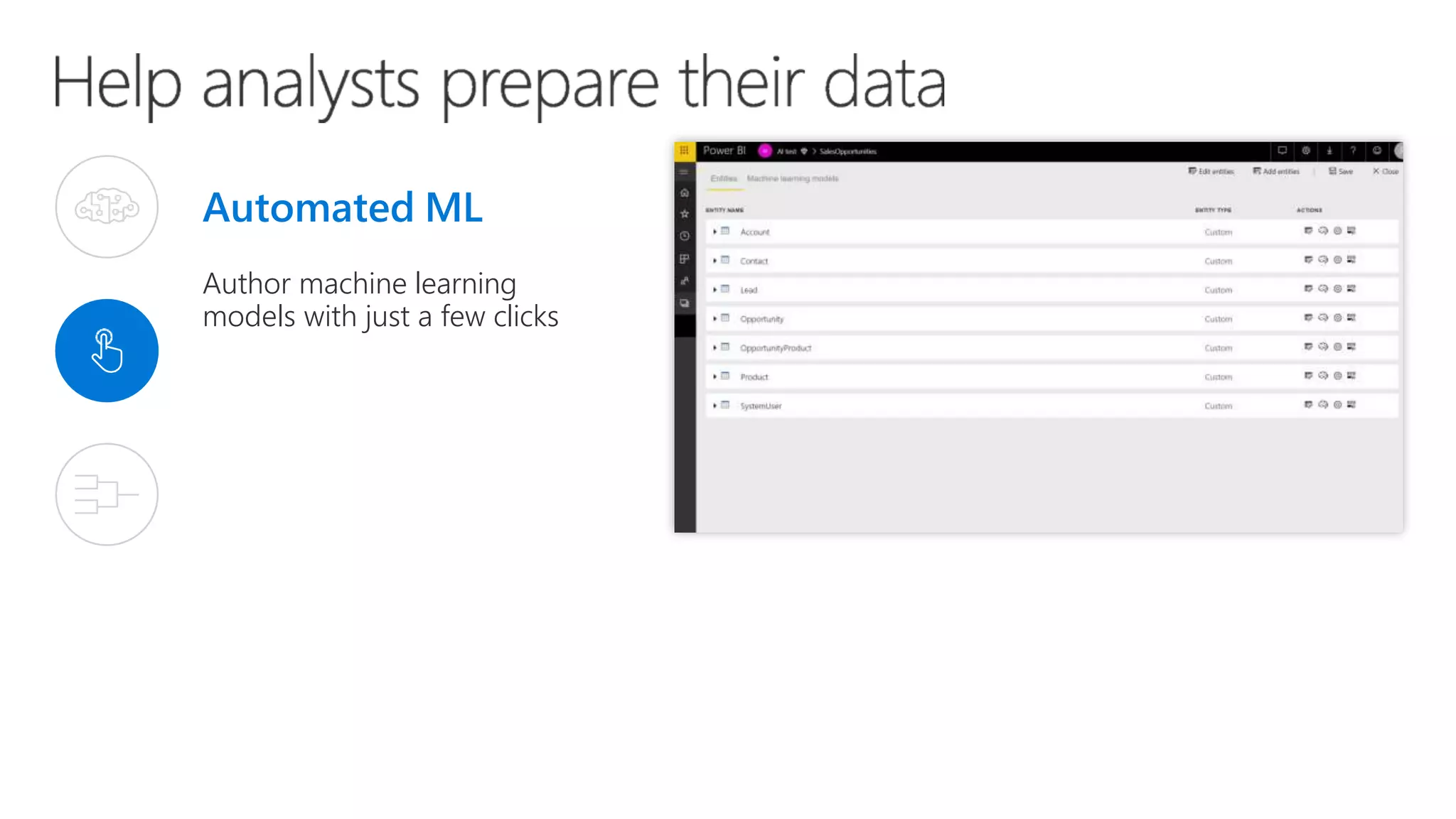 Automated ML
Author machine learning
models with just a few clicks
 
