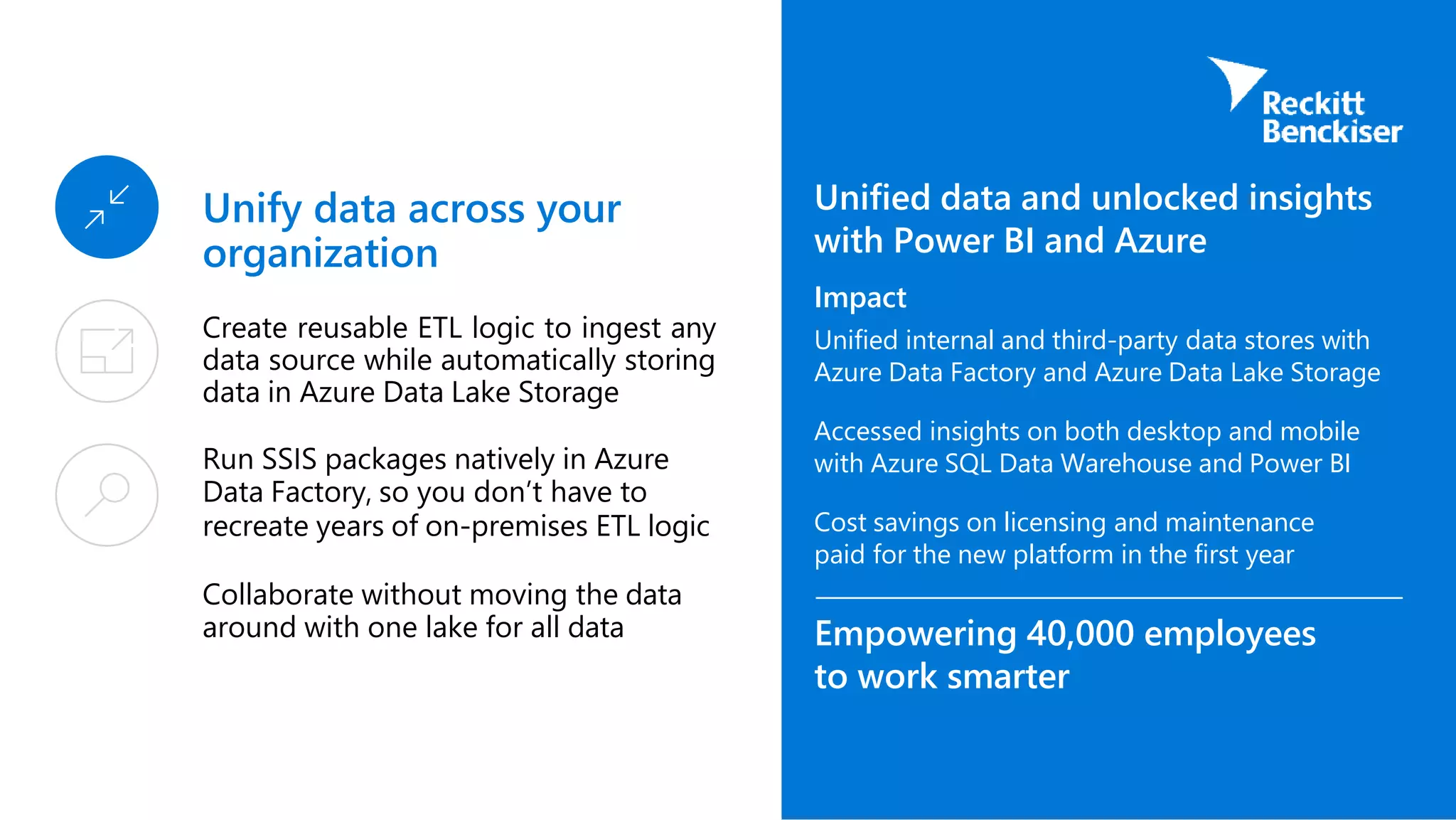 Unify data across your
organization
Create reusable ETL logic to ingest any
data source while automatically storing
data in Azure Data Lake Storage
Run SSIS packages natively in Azure
Data Factory, so you don’t have to
recreate years of on-premises ETL logic
Collaborate without moving the data
around with one lake for all data
Unified data and unlocked insights
with Power BI and Azure
Impact
Unified internal and third-party data stores with
Azure Data Factory and Azure Data Lake Storage
Accessed insights on both desktop and mobile
with Azure SQL Data Warehouse and Power BI
Cost savings on licensing and maintenance
paid for the new platform in the first year
Empowering 40,000 employees
to work smarter
 