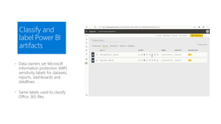 Classify and
label Power BI
artifacts
 Data owners set Microsoft
information protection (MIP)
sensitivity labels for datasets,
reports, dashboards and
dataflows.
 Same labels used to classify
Office 365 files.
 