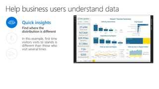 Quick insights
Find where the
distribution is different
In this example, first time
visitors visits to islands is
different than those who
visit several times
 