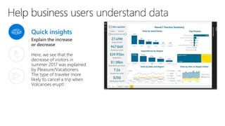 Quick insights
Explain the increase
or decrease
Here, we see that the
decrease of visitors in
summer 2017 was explained
by Pleasure/Vacationers.
The type of traveler more
likely to cancel a trip when
Volcanoes erupt!
 