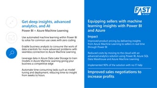 Get deep insights, advanced
analytics, and AI
Power BI + Azure Machine Learning
Use automated machine learning within Power BI
to solve for common use cases with zero coding
Enable business analysts to consume the work of
data scientists for more advanced problems with
seamless connection to Azure Machine Learning
Leverage data in Azure Data Lake Storage to train
models in Azure Machine Learning giving your
business a competitive edge
Automate time-consuming tasks such as model
tuning and deployment, reducing time-to-insight
from weeks to hours
Equipping sellers with machine
learning insights with Power BI
and Azure
Impact
Improved product pricing by delivering insights
from Azure Machine Learning to sellers in real time
through Power BI
Reduced costs by moving to the cloud with an
advanced analytics solution using Power BI, Azure SQL
Data Warehouse and Azure Machine Learning
Implemented 90% of the solution with no IT help
Improved sales negotiations to
increase profits
 