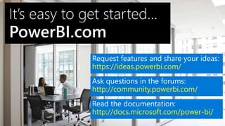 Request features and share your ideas:
https://ideas.powerbi.com/
Ask questions in the forums:
http://community.powerbi.com/
Read the documentation:
http://docs.microsoft.com/power-bi/
 