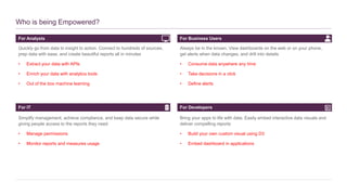 For Analysts
Who is being Empowered?
Quickly go from data to insight to action. Connect to hundreds of sources,
prep data with ease, and create beautiful reports all in minutes
• Extract your data with APIs
• Enrich your data with analytics tools
• Out of the box machine learning
For IT
For Business Users
Always be in the known. View dashboards on the web or on your phone,
get alerts when data changes, and drill into details
• Consume data anywhere any time
• Take decisions in a click
• Define alerts
Simplify management, achieve compliance, and keep data secure while
giving people access to the reports they need
• Manage permissions
• Monitor reports and measures usage
For Developers
Bring your apps to life with data. Easily embed interactive data visuals and
deliver compelling reports
• Build your own custom visual using D3
• Embed dashboard in applications
 