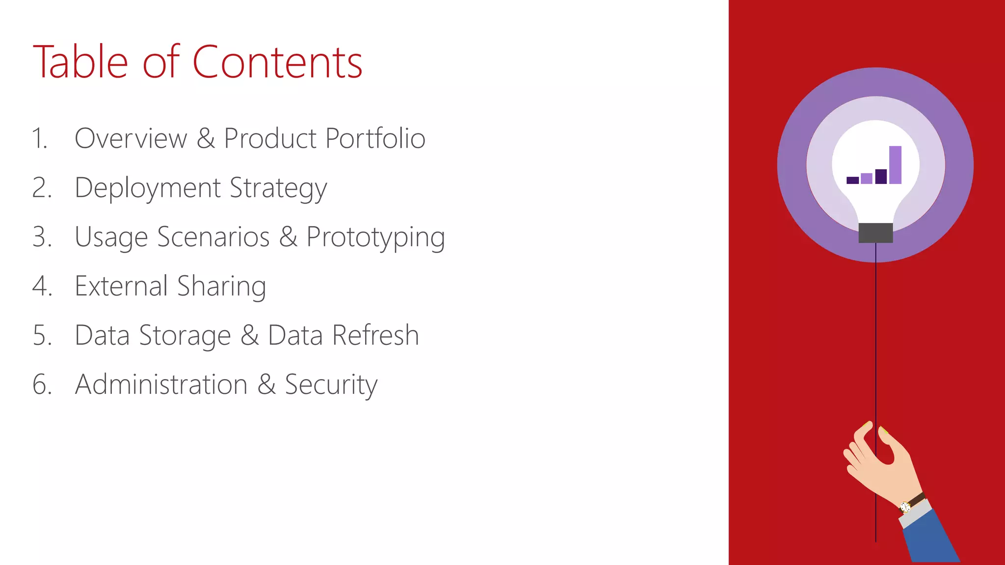 Table of Contents
1. Overview & Product Portfolio
2. Deployment Strategy
3. Usage Scenarios & Prototyping
4. External Sharing
5. Data Storage & Data Refresh
6. Administration & Security
 