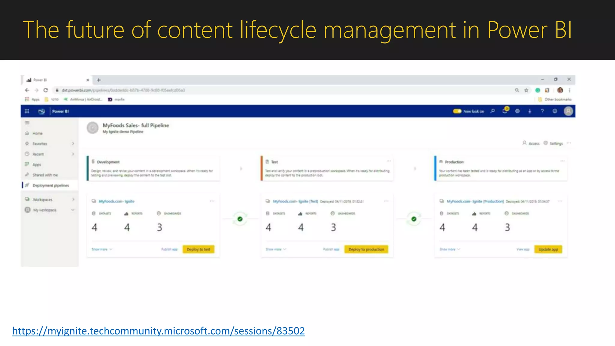 The future of content lifecycle management in Power BI
https://myignite.techcommunity.microsoft.com/sessions/83502
 