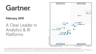 February 2019
*Gartner “Magic Quadrant for Analytics and Business Intelligence Platforms,” by Cindi Howson, Rita L. Sallam, James Laurence Richardson, Joao Tapadinhas, Carlie J. Idoine, Alys Woodward, February 2018
The above graphics were published by Gartner, Inc. as part of a larger research document and should be evaluated in the context of the entire document. The Gartner document is available upon request from Microsoft. Gartner does not endorse any
vendor, product or service depicted in its research publications, and does not advise technology users to select only those vendors with the highest ratings or other designation. Gartner research publications consist of the opinions of Gartner's research
organization and should not be construed as statements of fact. Gartner disclaims all warranties, expressed or implied, with respect to this research, including any warranties of merchantability or fitness for a particular purpose.
 