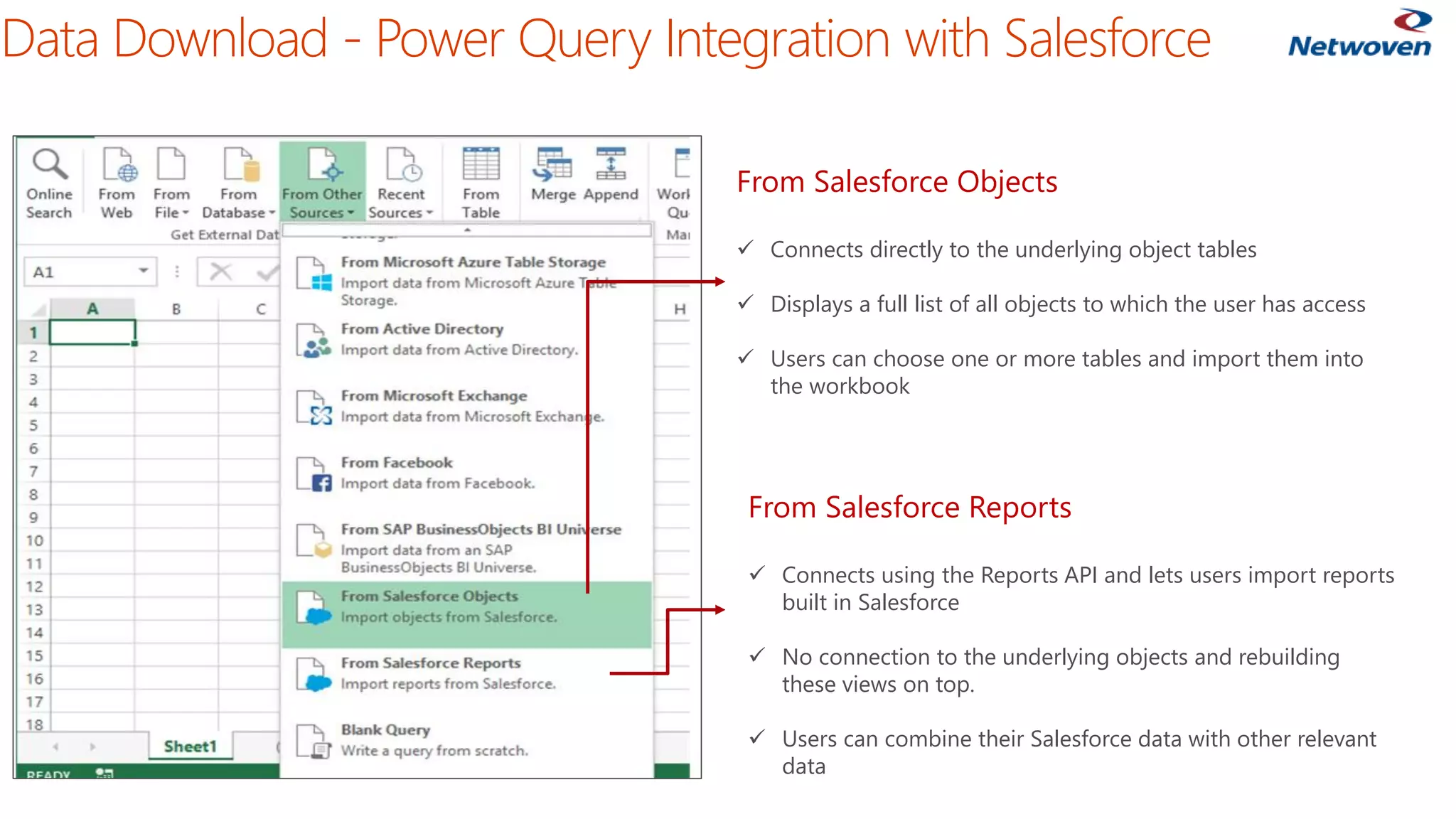 Data Download - Power Query Integration with Salesforce
From Salesforce Objects
 Connects directly to the underlying object tables
 Displays a full list of all objects to which the user has access
 Users can choose one or more tables and import them into
the workbook
From Salesforce Reports
 Connects using the Reports API and lets users import reports
built in Salesforce
 No connection to the underlying objects and rebuilding
these views on top.
 Users can combine their Salesforce data with other relevant
data
 