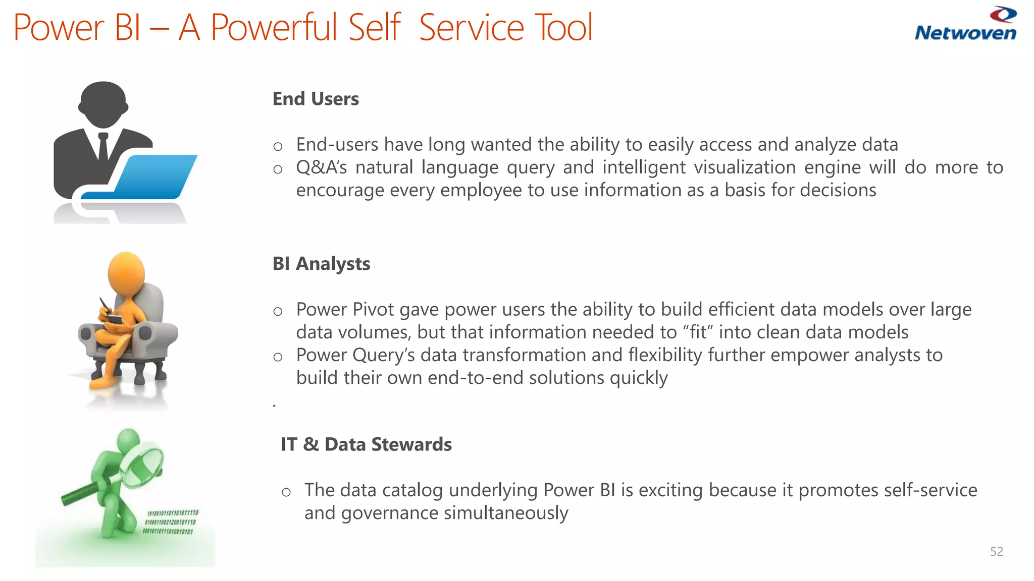 Power BI – A Powerful Self Service Tool
52
End Users
o End-users have long wanted the ability to easily access and analyze data
o Q&A’s natural language query and intelligent visualization engine will do more to
encourage every employee to use information as a basis for decisions
BI Analysts
o Power Pivot gave power users the ability to build efficient data models over large
data volumes, but that information needed to “fit” into clean data models
o Power Query’s data transformation and flexibility further empower analysts to
build their own end-to-end solutions quickly
.
IT & Data Stewards
o The data catalog underlying Power BI is exciting because it promotes self-service
and governance simultaneously
 