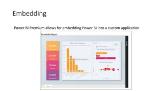 Embedding
Power BI Premium allows for embedding Power BI into a custom application
 