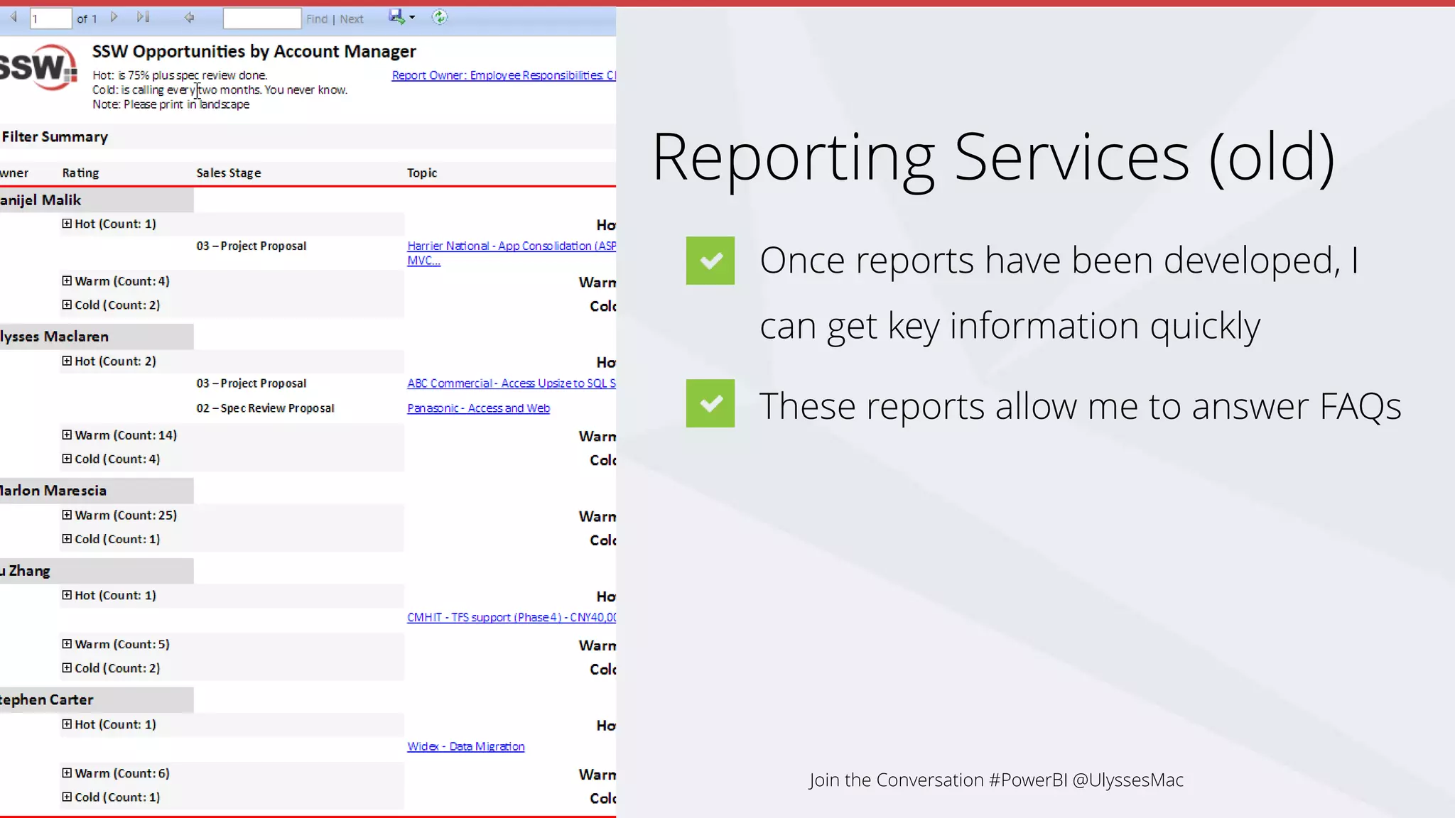 Reporting Services (old)
Once reports have been developed, I
can get key information quickly
These reports allow me to answer FAQs
Join the Conversation #PowerBI @UlyssesMac
 