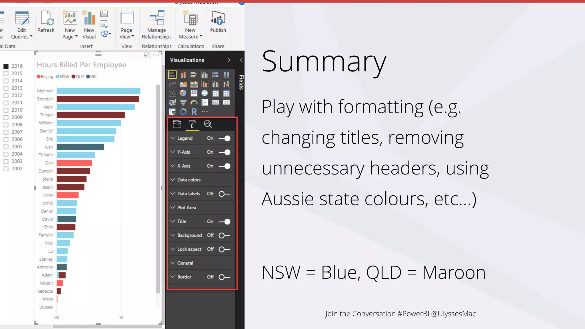 Summary
Play with formatting (e.g.
changing titles, removing
unnecessary headers, using
Aussie state colours, etc…)
NSW = Blue, QLD = Maroon
Join the Conversation #PowerBI @UlyssesMac
 