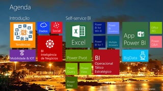 Foto: Canindé Soares
Agenda
Self-service BI
Power
View
Power
Query
Power
Map
BI
Power
Q&A
BigData
Introdução
Dados Social
Mobilidade & IOT
BI
Inteligência
de Negócios
Tendências
 