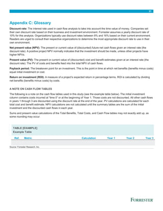 31
Appendix C: Glossary
Discount rate: The interest rate used in cash flow analysis to take into account the time value of money. Companies set
their own discount rate based on their business and investment environment. Forrester assumes a yearly discount rate of
10% for this analysis. Organizations typically use discount rates between 8% and 16% based on their current environment.
Readers are urged to consult their respective organizations to determine the most appropriate discount rate to use in their
own environment.
Net present value (NPV): The present or current value of (discounted) future net cash flows given an interest rate (the
discount rate). A positive project NPV normally indicates that the investment should be made, unless other projects have
higher NPVs.
Present value (PV): The present or current value of (discounted) cost and benefit estimates given at an interest rate (the
discount rate). The PV of costs and benefits feed into the total NPV of cash flows.
Payback period: The breakeven point for an investment. This is the point in time at which net benefits (benefits minus costs)
equal initial investment or cost.
Return on investment (ROI): A measure of a project’s expected return in percentage terms. ROI is calculated by dividing
net benefits (benefits minus costs) by costs.
A NOTE ON CASH FLOW TABLES
The following is a note on the cash flow tables used in this study (see the example table below). The initial investment
column contains costs incurred at “time 0” or at the beginning of Year 1. Those costs are not discounted. All other cash flows
in years 1 through 3 are discounted using the discount rate at the end of the year. PV calculations are calculated for each
total cost and benefit estimate. NPV calculations are not calculated until the summary tables are the sum of the initial
investment and the discounted cash flows in each year.
Sums and present value calculations of the Total Benefits, Total Costs, and Cash Flow tables may not exactly add up, as
some rounding may occur.
TABLE [EXAMPLE]
Example Table
Ref. Metric Calculation Year 1 Year 2 Year 3
Source: Forrester Research, Inc.
 