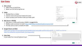 Get Data
1. CSV or Excel
✓ Offline files on Hard Drive
✓ Better use CSV file for big file size
2. Folder
✓ Multiple files in a folder
✓ Column name and structure need to be same
✓ Select Combine and Transform after put folder path
3. SQL Server or MySQL
✓ SQL Server is a Microsoft product (SSMS), it is not MySQL
✓ MySQL needs connector to install: https://dev.mysql.com/downloads/connector/net/
✓ Put SQL query script to simplify the table
4. Google Sheets and Web
https://docs.google.com/spreadsheets/d/1boM8UZsiZpCumJcyG08-wr6A5tsrDazJzjZy5iO_U_E/edit?usp=sharing
https://en.wikipedia.org/wiki/Khabib_Nurmagomedov
5. Enter Data
Create table from manual keyboard input
 