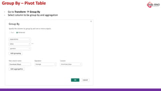 Group By – Pivot Table
- Go to Transform → Group By
- Select column to be group by and aggregation
 