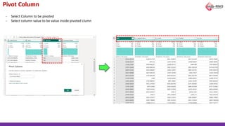 Pivot Column
- Select Column to be pivoted
- Select column value to be value inside pivoted clumn
 