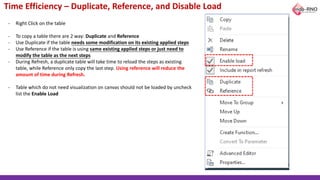 Time Efficiency – Duplicate, Reference, and Disable Load
- Right Click on the table
- To copy a table there are 2 way: Duplicate and Reference
- Use Duplicate if the table needs some modification on its existing applied steps
- Use Reference if the table is using same existing applied steps or just need to
modify the table as the next steps
- During Refresh, a duplicate table will take time to reload the steps as existing
table, while Reference only copy the last step. Using reference will reduce the
amount of time during Refresh.
- Table which do not need visualization on canvas should not be loaded by uncheck
list the Enable Load
 