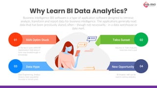Why Learn BI Data Analytics?
Business intelligence (BI) software is a type of application software designed to retrieve,
analyze, transform and report data for business intelligence. The applications generally read
data that has been previously stored, often - though not necessarily - in a data warehouse or
data mart.
RAN Optim Stuck
In the last 3 years RAN/RF
Optimization field doesn’t
have new breakthrough in
knowledge
Data Hype
Data Engineering, Analyst,
Science have popularity
increase in recent years
Telco Sunset
Vacancy in Telco Industry
keep less every year
New Opportunity
BI Analytic skill can be
used in various industry
01
03
02
04
 
