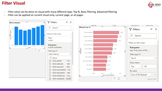 Filter Visual
- Filter value can be done on visual with many different type: Top N, Basic filtering, Advanced filtering
- Filter can be applied on current visual only, current page, or all pages
 