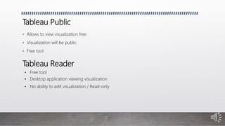 Tableau Public
• Allows to view visualization free
• Visualization will be public
• Free tool
Tableau Reader
• Free tool
• Desktop application viewing visualization
• No ability to edit visualization / Read-only
 
