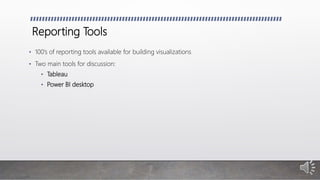 Reporting Tools
• 100’s of reporting tools available for building visualizations
• Two main tools for discussion:
• Tableau
• Power BI desktop
 