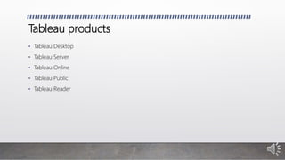 Tableau products
• Tableau Desktop
• Tableau Server
• Tableau Online
• Tableau Public
• Tableau Reader
 
