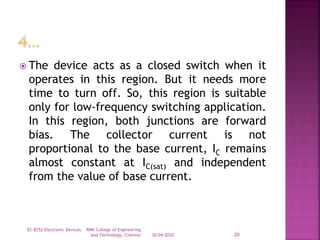  The device acts as a closed switch when it
operates in this region. But it needs more
time to turn off. So, this region is suitable
only for low-frequency switching application.
In this region, both junctions are forward
bias. The collector current is not
proportional to the base current, IC remains
almost constant at IC(sat) and independent
from the value of base current.
30-04-2020
EC 8252 Electronic Devices, RMK College of Engineering
and Technology, Chennai 20
 