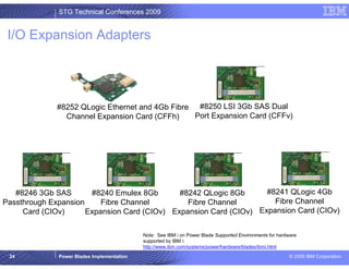 STG Technical Conferences 2009


 I/O Expansion Adapters




              #8252 QLogic Ethernet and 4Gb Fibre #8250 LSI 3Gb SAS Dual
                Channel Expansion Card (CFFh)     Port Expansion Card (CFFv)




   #8246 3Gb SAS       #8240 Emulex 8Gb       #8242 QLogic 8Gb      #8241 QLogic 4Gb
Passthrough Expansion     Fibre Channel         Fibre Channel         Fibre Channel
     Card (CIOv)      Expansion Card (CIOv) Expansion Card (CIOv) Expansion Card (CIOv)

                                            Note: See IBM i on Power Blade Supported Environments for hardware
                                            supported by IBM i:
                                            http://www.ibm.com/systems/power/hardware/blades/ibmi.html

 24           Power Blades Implementation                                                                 © 2009 IBM Corporation
 