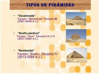 Tipos de pirámides “ Escalonada” Faraón: “Netcheryet” Dinastía  III  (2667-2648 A.c.)  “ Snefru perdura” Faraón: “Huni”, Dinastía III o IV (2637-2589 A.c.)  “ Romboidal” Faraón: Snefru, Dinastía IV (2613-2589 A.c.)  