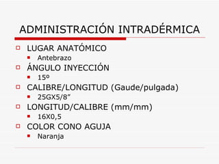 ADMINISTRACIÓN INTRADÉRMICA LUGAR ANATÓMICO Antebrazo ÁNGULO INYECCIÓN 15º CALIBRE/LONGITUD (Gaude/pulgada) 25GX5/8” LONGITUD/CALIBRE (mm/mm) 16X0,5 COLOR CONO AGUJA Naranja 