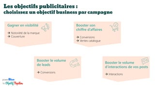 powerBlue
by
Booster le volume
d’interactions de vos posts
→ Interactions
Les objectifs publicitaires :
choisissez un objectif business par campagne
Gagner en visibilité
→ Notoriété de la marque
→ Couverture
Booster son
chiffre d’affaires
→ Conversions
→ Ventes catalogue
Booster le volume
de leads
→ Conversions
 