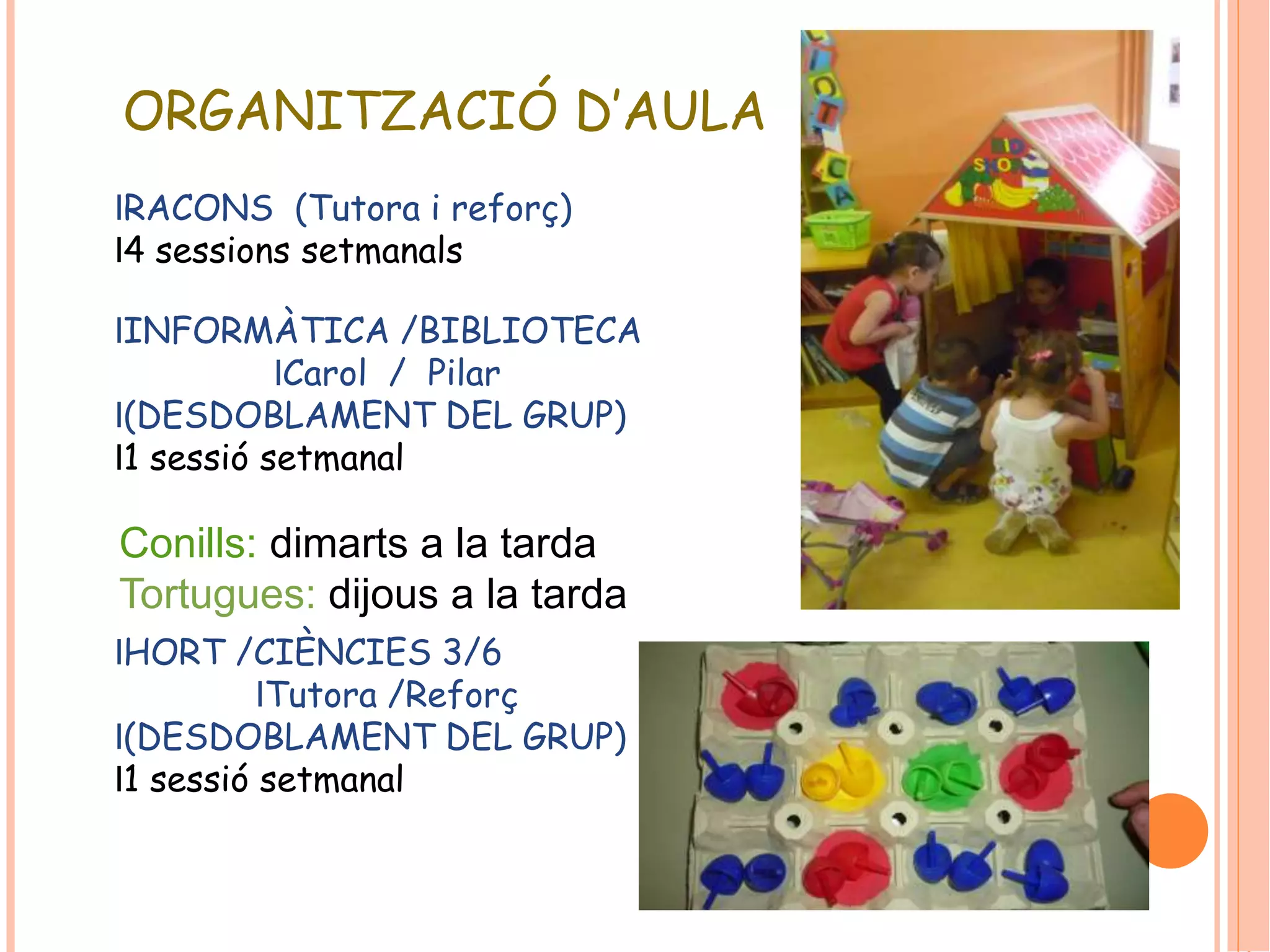 ORGANITZACIÓ D’AULA 
lRACONS (Tutora i reforç) 
l4 sessions setmanals 
lINFORMÀTICA /BIBLIOTECA 
lCarol / Pilar 
l(DESDOBLAMENT DEL GRUP) 
l1 sessió setmanal 
Conills: dimarts a la tarda 
Tortugues: dijous a la tarda 
lHORT /CIÈNCIES 3/6 
lTutora /Reforç 
l(DESDOBLAMENT DEL GRUP) 
l1 sessió setmanal 
 