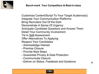 Bench-mark  Your Competitors & Best-in-class Customize Content/Script To Your Target Audience(s) Integrate Your Communication Platforms Bring Recruiters Out Of the Dark Demonstrate A Sense Of Urgency Anticipate Candidate Questions and Answer Them Detail Your Community Involvement Tie In  Self -Assessment Offer Alternatives To Applying Respect Your Candidates - Acknowledge Interest - Promise Closure - Provide Next Steps - Guarantee Privacy & Data Protection - Communicate Closure - Deliver on Status, Feedback and Guidance  