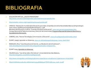    EDUCACIÓN VIRTUAL, ¿NUEVO PARADIGMA?
    http://www.usm.edu.ec/tesis/aprendecuador/webmemoria/capitulo1.htm

   http://unesdoc.unesco.org/images/0014/001404/140469s.pdf

   UNESCO, “Declaración mundial sobre Educación para todos: la Satisfacción de las Necesidades Básicas de Aprendizaje”,
    www.unesco.cl/pdf/actyeven/ppe/boletin/artesp/21-2.pdf
    Ministerio de Educación y Cultura, “Contrato Social por la Educación”, www.mec.gov.ec/n2/contrato/p1.htm,
    Consejo Nacional de Telecomunicaciones, Dirección de Conectividad; Programa Nacional de Gobierno Electrónico y
    Sociedad de la Información.

   CABERO, Julio; “Nuevas Tecnologías, Comunicación y Educación”, www.uib.es/depart/dceweb/revelec1.html

   DUART, Joseph; Aprender sin distancias, www.uoc.edu/web/esp/articles/josep_maria_duart.html.

   MARQUES, Pere; "Usos Educativos de Internet. ¿La Revolución de la Enseñanza?”,
    www.ull.es/departamentos/didinv/tecnologiaeducativa/doc-marques.htm,

   DUART Josep, Aprender sin distancias,

   SALINAS Jesús, “Uso de las redes informáticas”, Universidad de las Islas Baleares,
    http://tecnologiaedu.us.es/bibliovir/pdf/gte36.pdf,

   http://www.monografias.com/trabajos58/centro-capacitacion-virtual/centro-capacitacion-virtual.shtml

   http://ri.biblioteca.udo.edu.ve/bitstream/123456789/653/1/TESIS-658.3124_L926_01.pdf
 