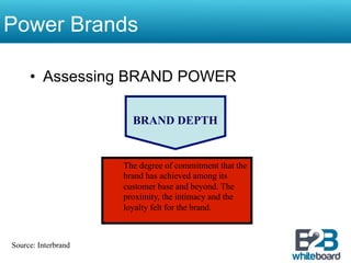 Power Brands

     •  Assessing BRAND POWER

                       BRAND DEPTH


                     The degree of commitment that the
                     brand has achieved among its
                     customer base and beyond. The
                     proximity, the intimacy and the
                     loyalty felt for the brand.



Source: Interbrand
 