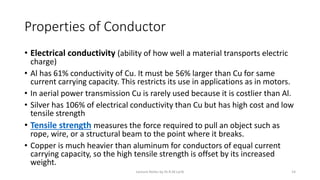 Properties of Conductor
• Electrical conductivity (ability of how well a material transports electric
charge)
• Al has 61% conductivity of Cu. It must be 56% larger than Cu for same
current carrying capacity. This restricts its use in applications as in motors.
• In aerial power transmission Cu is rarely used because it is costlier than Al.
• Silver has 106% of electrical conductivity than Cu but has high cost and low
tensile strength
• Tensile strength measures the force required to pull an object such as
rope, wire, or a structural beam to the point where it breaks.
• Copper is much heavier than aluminum for conductors of equal current
carrying capacity, so the high tensile strength is offset by its increased
weight.
Lecture Notes by Dr.R.M.Larik 14
 