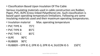 • Classification Based Upon Insulation Of The Cable
Various insulating materials used in cable construction are Rubber,
Paper, PVC, XLPE (Cross linked Polyethene) etc. Such classification is
based upon operating temperature limitations. Following are some
insulating materials used and their maximum operating temperatures.
• Insulation material Max. operating temperature
• PVC TYPE A 75°C
• PVC TYPE B 85°C
• PVC TYPE C 85°C
• XLPE 90°C
• RUBBER 90°C
• RUBBER – EPR IE-2, EPR IE-3, EPR IE-4, SILICON IE-5 150°C
Lecture Notes by Dr.R.M.Larik 5
 