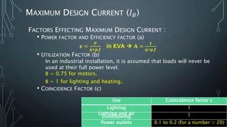 MAXIMUM DESIGN CURRENT (𝐼 𝐵)
FACTORS EFFECTING MAXIMUM DESIGN CURRENT :
• POWER FACTOR AND EFFICIENCY FACTOR (a)
𝒔 =
𝑷
𝜼×𝒑.𝒇
in KVA  𝐀 =
𝟏
𝜼×𝒑.𝒇
• UTILIZATION FACTOR (b)
In an industrial installation, it is assumed that loads will never be
used at their full power level.
B = 0.75 for motors.
B = 1 for lighting and heating.
• COINCIDENCE FACTOR (c)
Use Coincidence factor c
Lighting 1
Lighting and air
conditioning 1
Power outlets 0.1 to 0.2 (for a number > 20)
 