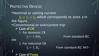 PROTECTIVE DEVICES
•Nominal or setting current
IB ≤ In ≤ IZ, which corresponds to zone a in
the figure.
•Conventional or overcurrent trip
 Case of CB
1. For domestic CB
I2 = 1.45In From standard IEC
898
2. For industrial CB
I2 = 1.3In From standard IEC 947-
2
 Case of Fuses
 