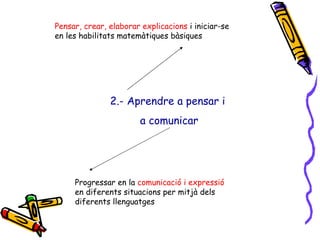 2.- Aprendre a pensar i a comunicar Pensar, crear, elaborar explicacions  i iniciar-se en les habilitats matemàtiques bàsiques Progressar en la  comunicació i expressió  en diferents situacions per mitjà dels diferents llenguatges 
