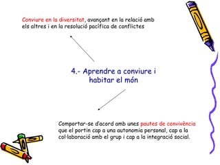 4.- Aprendre a conviure i habitar el món Conviure en la diversitat , avançant en la relació amb els altres i en la resolució pacífica de conflictes Comportar-se d’acord amb unes  pautes de convivència  que el portin cap a una autonomia personal, cap a la col·laboració amb el grup i cap a la integració social. 