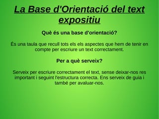 La Base d'Orientació del text
expositiu
Què és una base d'orientació?
És una taula que recull tots els els aspectes que hem de tenir en
compte per escriure un text correctament.
Per a què serveix?
Serveix per escriure correctament el text, sense deixar-nos res
important i seguint l'estructura correcta. Ens serveix de guia i
també per avaluar-nos.
 