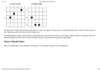 12/11/12                                                          Guitar Power Chords For Beginners




     We know that a C Major Chord is made up of the notes C, E and G, so to play a C Power chord, we would only play the notes C and G as C is the 1st note of
     the C Major Scale and G is the 5th note of the C Major Scale.

     Be careful with power chords. Power chords are enjoyable and easy to play, but because they are so easy to play, beginners often get too caught up in them and
     neglect learning the real chords. Don’t do this! Learning real chords is very important to your growth as a guitar player.

     Power Chords Chart
     Below you will find side by side comparisons of true chords vs. power chords so that you can see the difference.




www.learn-acoustic-guitar.com/guitar-power-chords-for-beginners                                                                                                       5/19
 