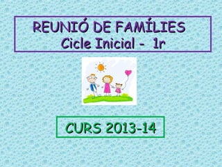REUNIÓ DE FAMÍLIESREUNIÓ DE FAMÍLIES
Cicle Inicial - 1rCicle Inicial - 1r
CURS 2013-14CURS 2013-14
 