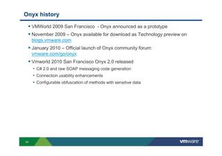 24
Onyx history
VMWorld 2009 San Francisco - Onyx announced as a prototype
November 2009 – Onyx available for download as Technology preview on
blogs.vmware.com
January 2010 – Official launch of Onyx community forum:
vmware.com/go/onyx
Vmworld 2010 San Francisco Onyx 2.0 released
• C# 2.0 and raw SOAP messaging code generation
• Connection usability enhancements
• Configurable obfuscation of methods with sensitive data
 